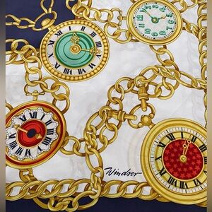Windsor Silk Scarf Gold Chain Pocket Watch Print Italy 35”X34” Vintage